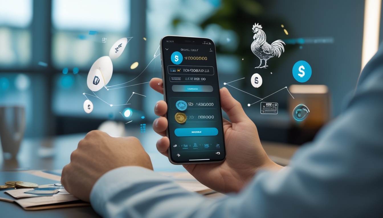 Tangan seseorang sedang menggunakan ponsel untuk melakukan transaksi deposit dan withdraw pada aplikasi taruhan online dengan latar belakang ruang kerja modern.