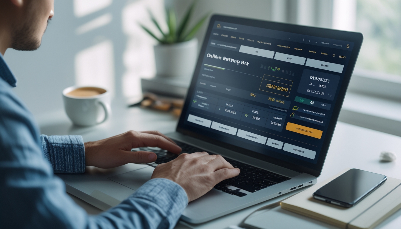 Seseorang menggunakan laptop di meja kerja dengan tampilan layar yang menunjukkan opsi deposit dan penarikan pada platform taruhan sabung ayam online.