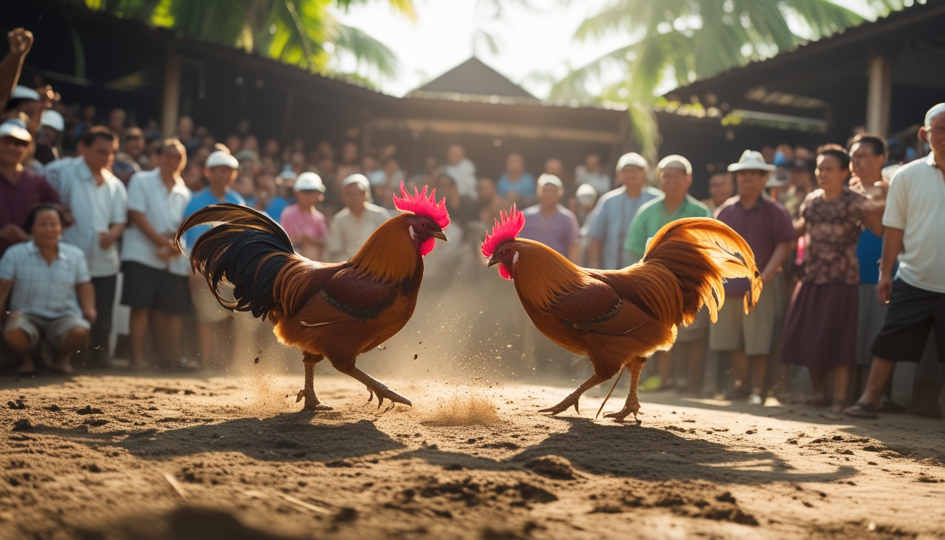 Dua ayam jago sedang bertarung di arena sabung ayam dengan penonton yang antusias di sekitarnya.