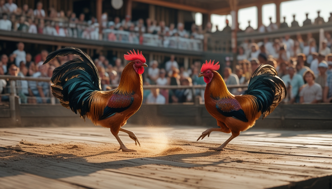 Arena sabung ayam modern dengan dua ayam jantan sedang bertarung dan penonton yang memperhatikan dengan serius.
