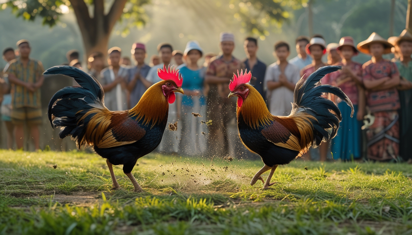 Dua ayam jantan sedang bertarung di luar ruangan dengan penonton yang memperhatikan di latar belakang.