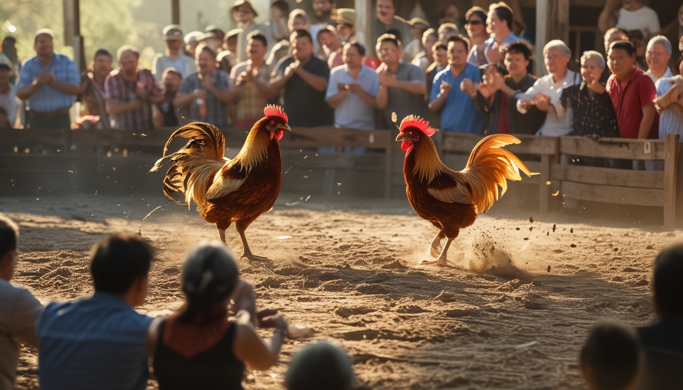 Dua ayam jago sedang bertarung di arena sabung ayam dengan penonton yang antusias di sekitarnya.