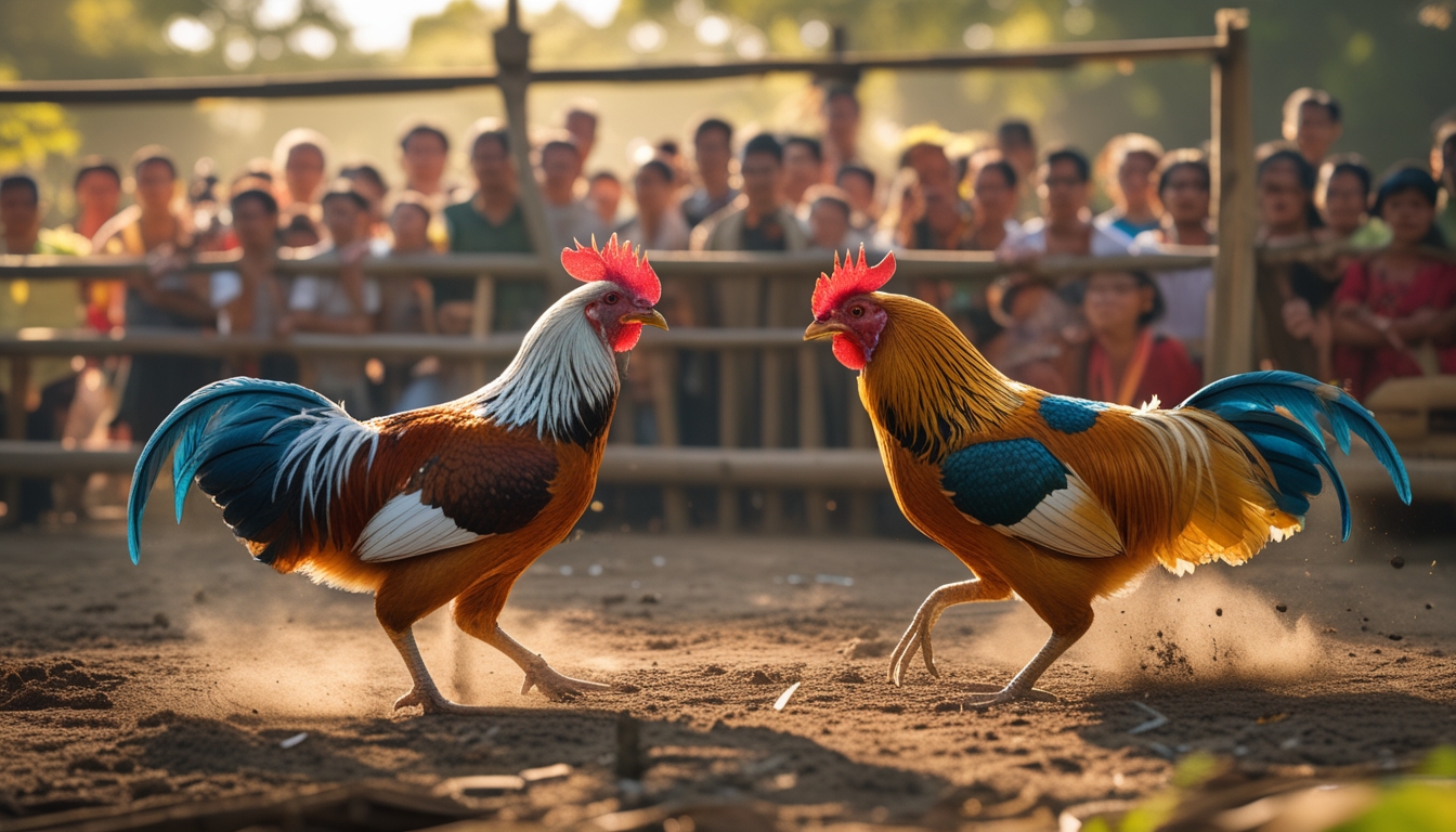 Dua ayam jago sedang bertarung di arena terbuka dengan penonton yang memperhatikan.