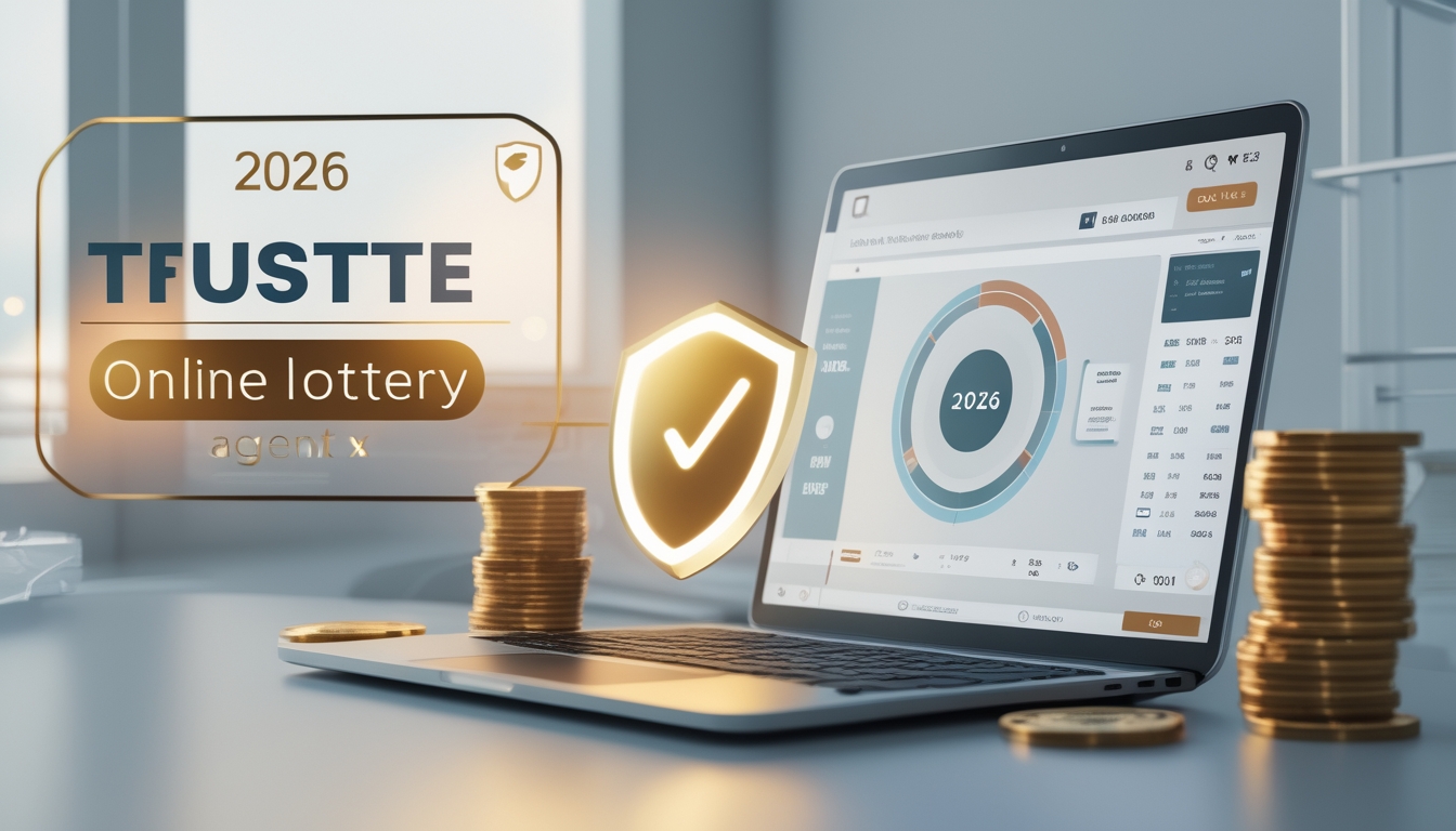 Sebuah laptop di meja kerja modern menampilkan antarmuka lotere digital dengan ikon kepercayaan dan tumpukan koin di sekitarnya.