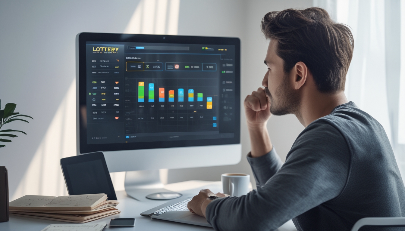 Seorang pria muda duduk di meja dengan laptop, fokus melihat layar yang menampilkan situs togel online, di ruangan yang terang dan rapi.