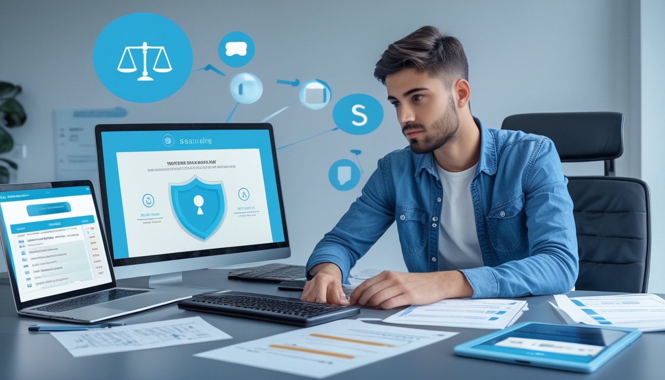 Seseorang duduk di meja kerja dengan laptop dan tablet, sedang memeriksa informasi tentang keamanan dan legalitas situs online.