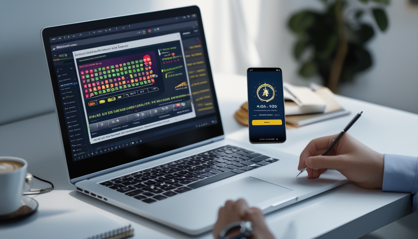 Meja kerja modern dengan laptop dan ponsel yang menampilkan aktivitas situs togel online dan konfirmasi pembayaran cepat.