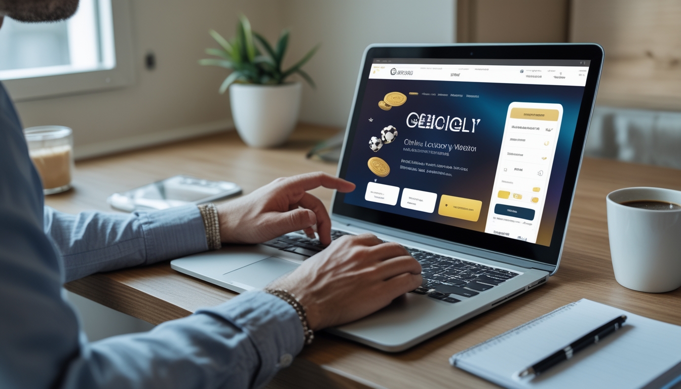 Seseorang sedang menggunakan laptop di ruang kerja rumah yang terang, fokus pada layar yang menampilkan situs togel online dengan suasana percaya dan efisien.