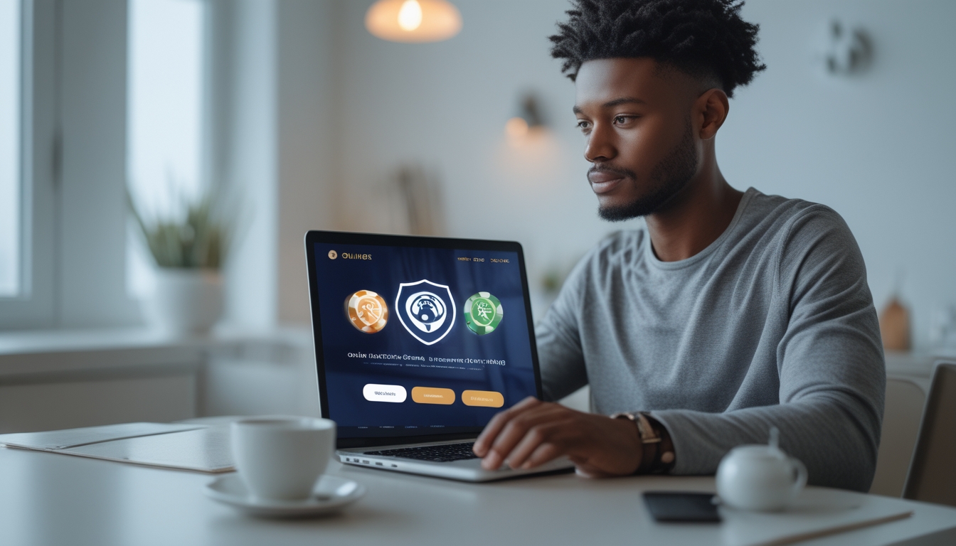 Seseorang menggunakan laptop di meja kerja modern dengan tampilan situs togel online yang aman dan terpercaya.