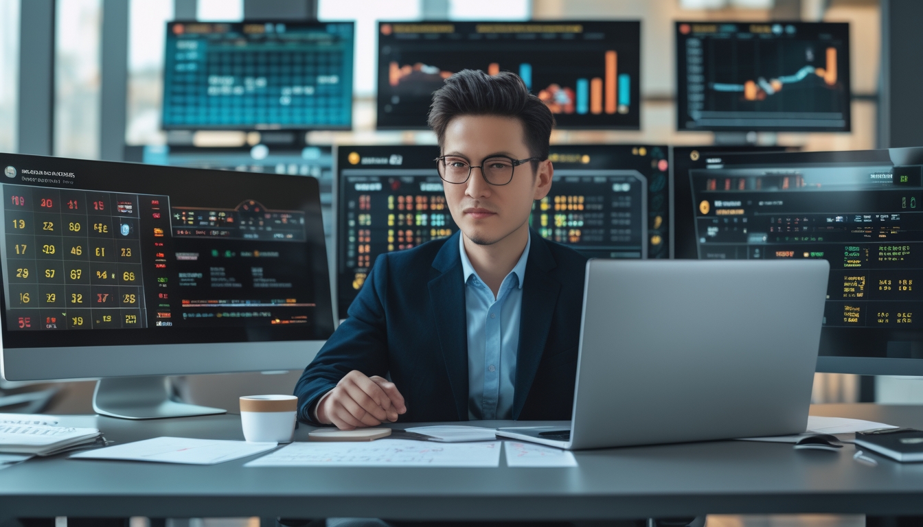 Seseorang duduk di meja modern dengan beberapa layar komputer menampilkan data dan grafik, sedang menganalisis strategi permainan togel online.