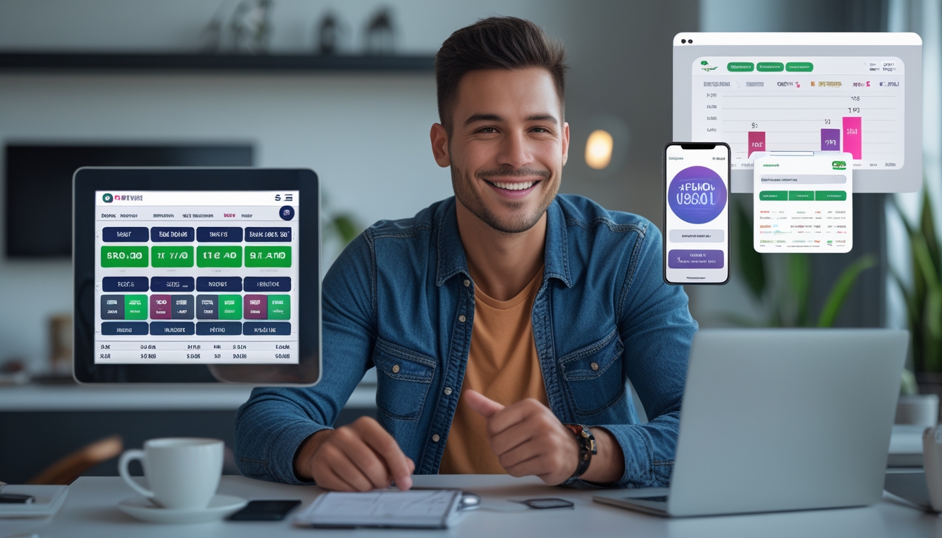 Seorang pria muda duduk di meja kerja dengan laptop dan ponsel menampilkan layar togel online, terlihat percaya diri dan senang.