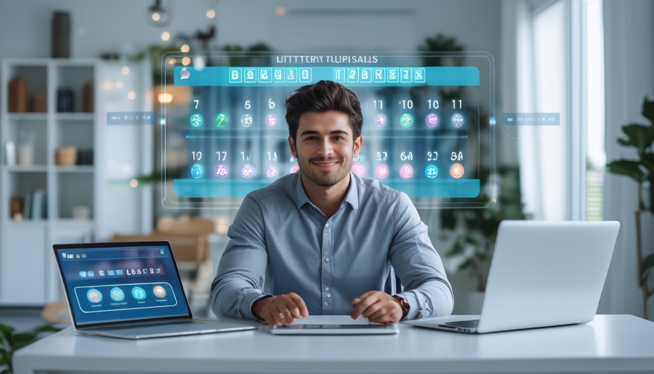 Seorang pria muda duduk di meja kerja modern dengan laptop dan ponsel yang menampilkan grafik terkait lotere, di ruang kantor rumah yang terang dan rapi.