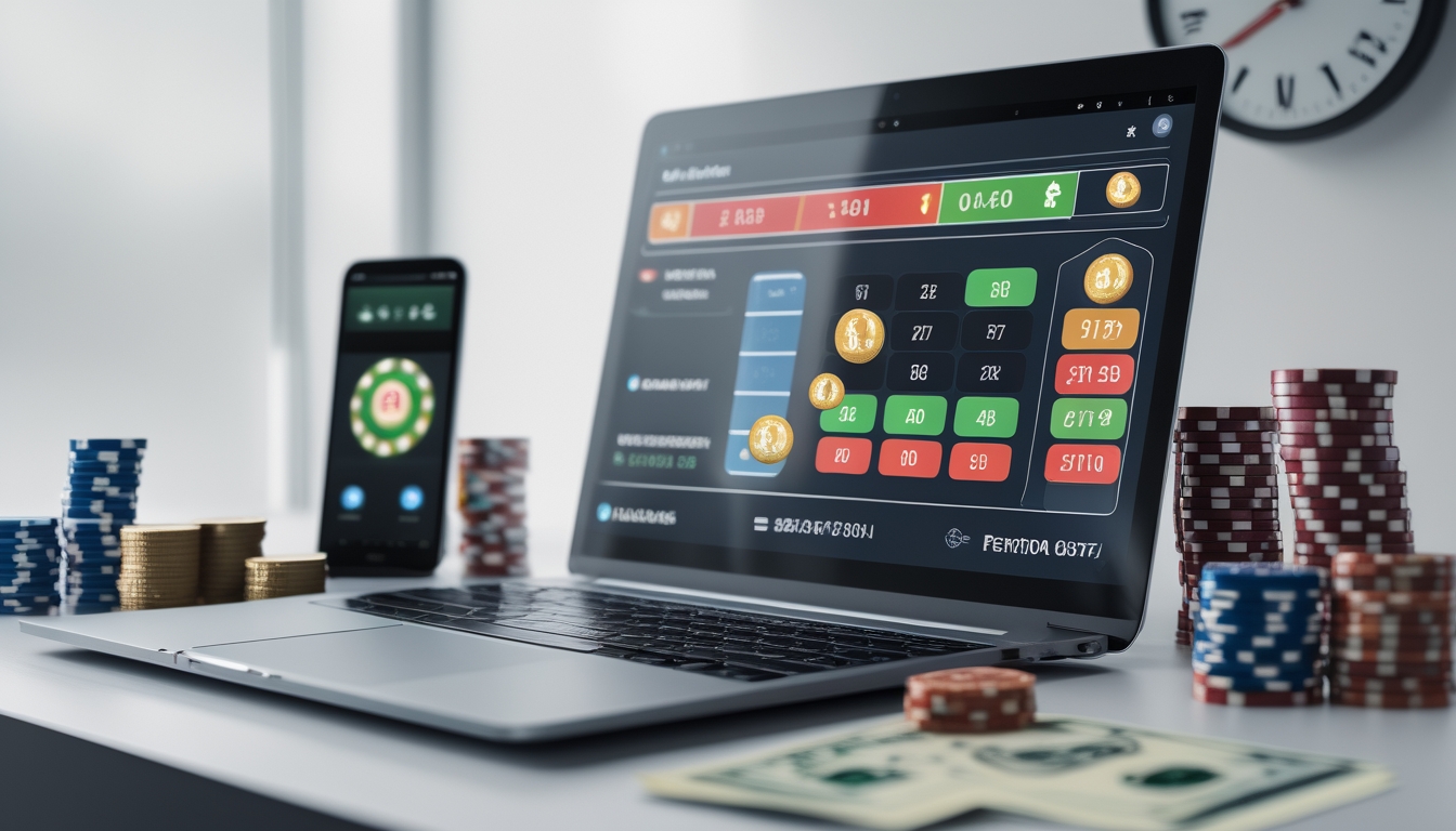 Meja kerja modern dengan laptop yang menampilkan antarmuka lotere digital, ponsel dengan aplikasi taruhan, tumpukan chip poker, dan uang kertas di sekitarnya.