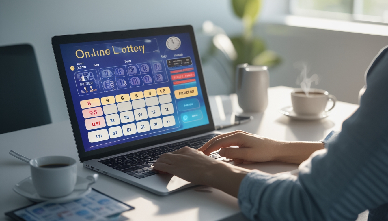 Meja kerja modern dengan laptop menampilkan antarmuka digital togel, ponsel, dan cangkir kopi di bawah pencahayaan alami.