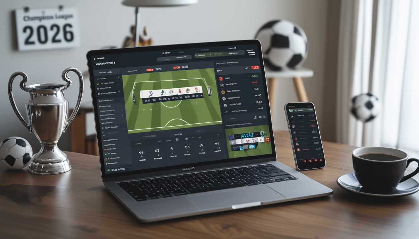Meja kerja modern dengan laptop dan ponsel yang menampilkan pertandingan sepak bola Liga Champions, bersama dengan cangkir kopi dan dekorasi bertema sepak bola.