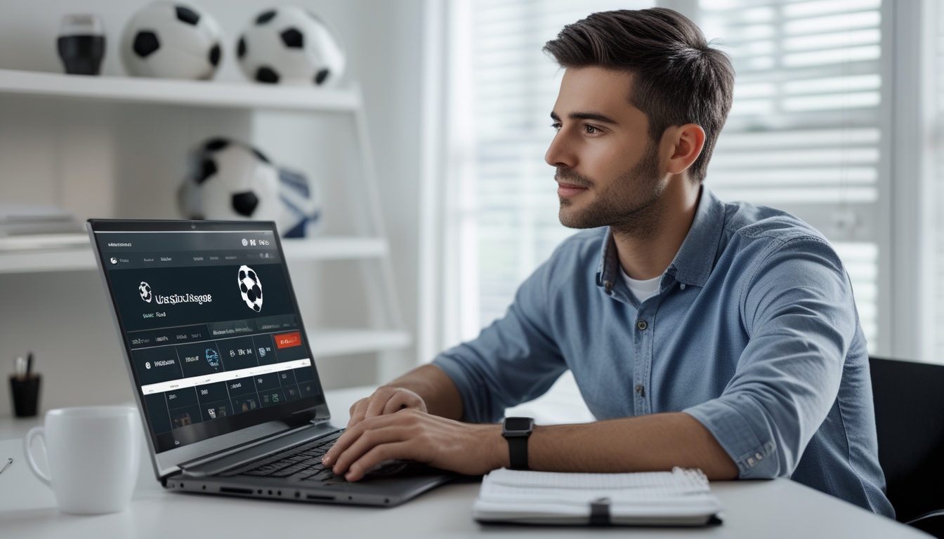 Seorang pria muda duduk di meja dengan laptop yang menampilkan situs taruhan bola online, dikelilingi oleh elemen sepak bola dalam ruangan yang terang dan rapi.