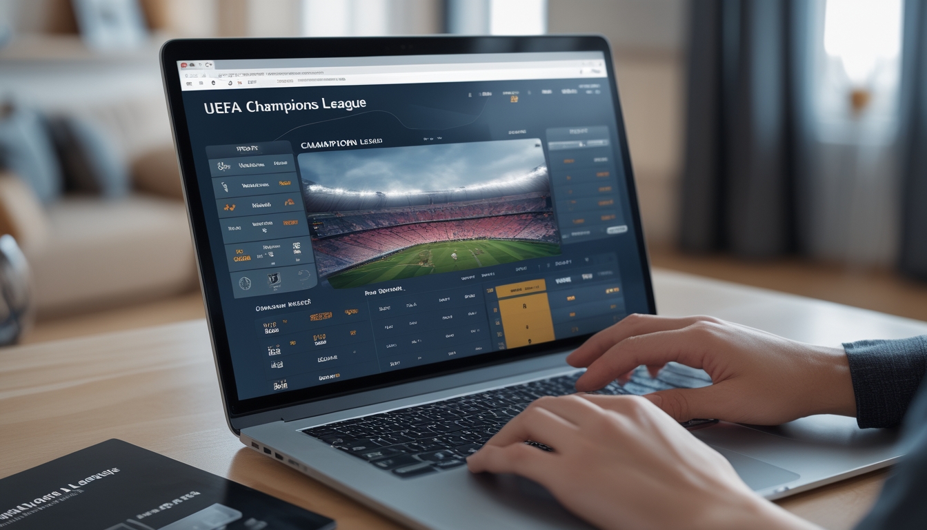 Seseorang menggunakan komputer dengan tampilan situs taruhan bola online Liga Champions, menampilkan suasana taruhan yang profesional dan cepat.