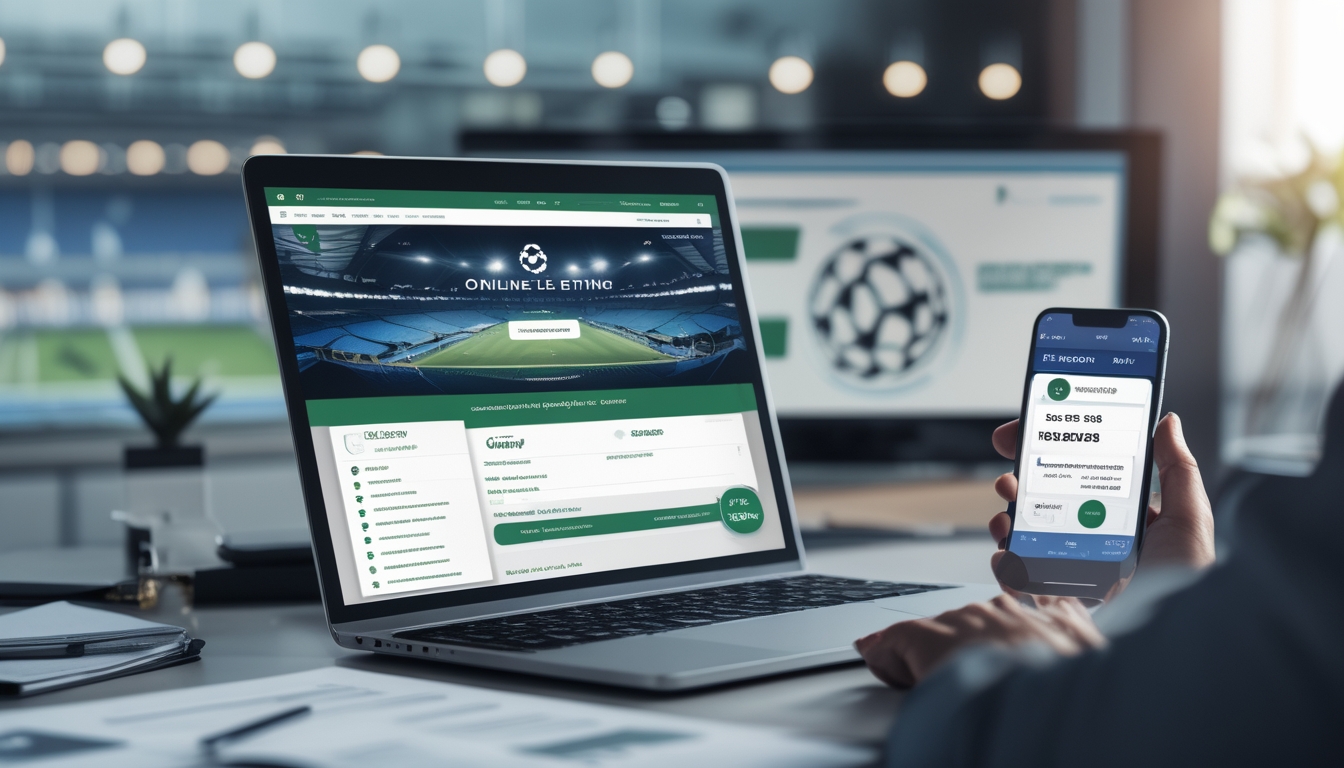 Sebuah ruang kerja modern dengan laptop menampilkan situs taruhan bola online, dokumen keuangan, dan ponsel dengan notifikasi pembayaran cepat.