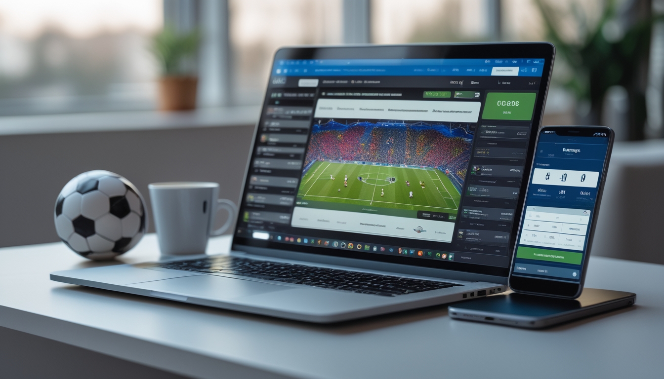 Seorang pria menggunakan laptop dan ponsel untuk memasang taruhan bola online Liga Champions di sebuah meja kerja yang rapi.