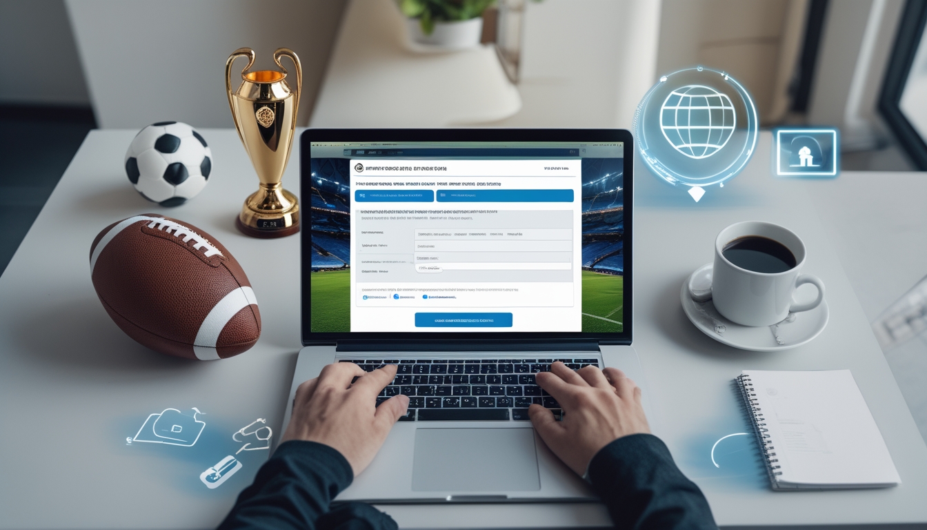 Seorang pengguna sedang melakukan pendaftaran online untuk bandar bola dengan laptop di meja kerja yang rapi, terlihat bola sepak dan trofi di sekitarnya.