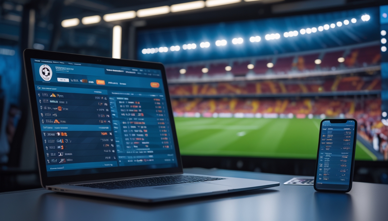Seseorang menggunakan laptop dan ponsel untuk memasang taruhan sepak bola dengan latar stadion penuh penonton dan lampu sorot.