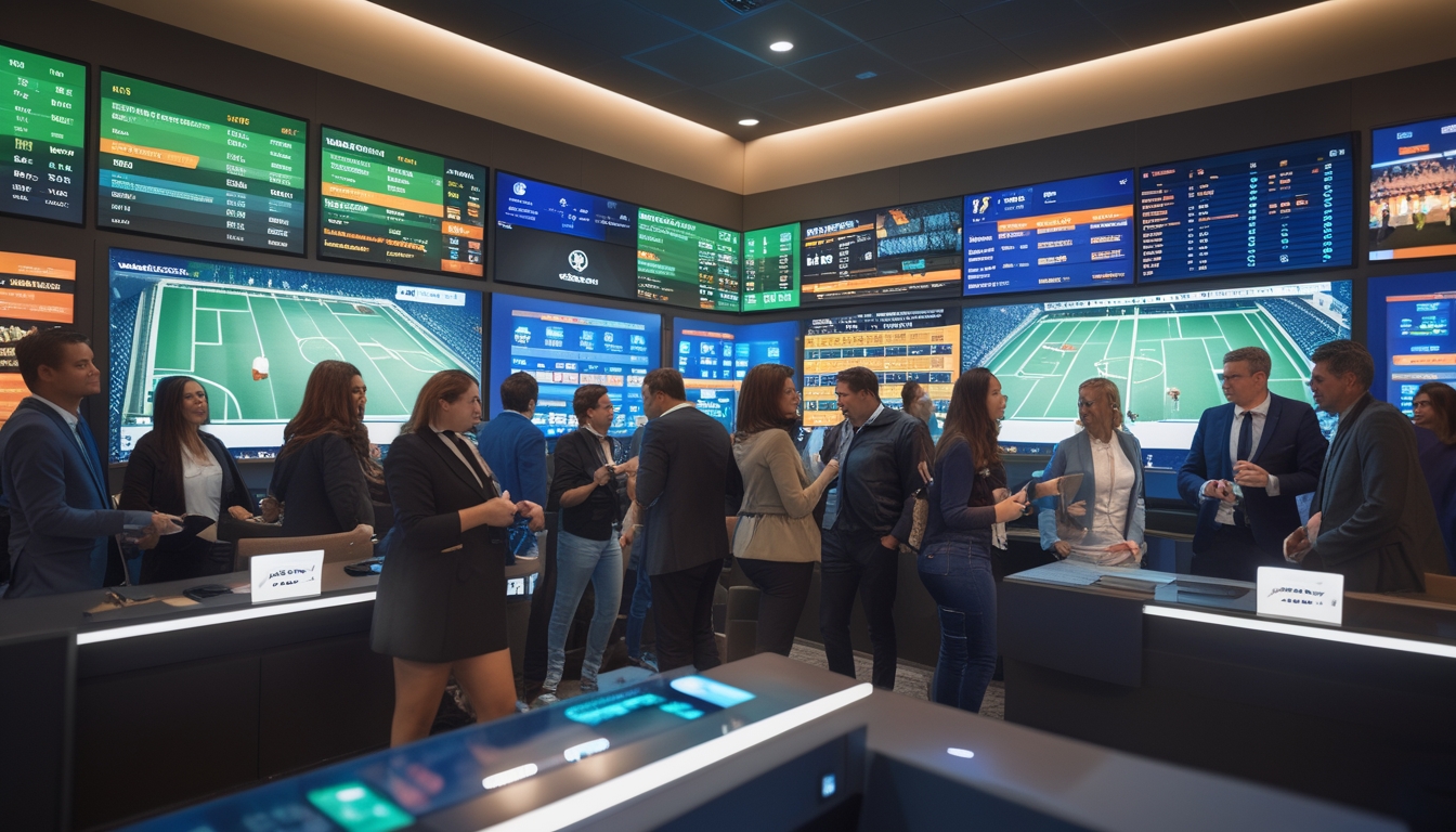 Sekelompok orang sedang menggunakan perangkat digital di ruang modern untuk memasang taruhan sepak bola Liga Champions 2026.