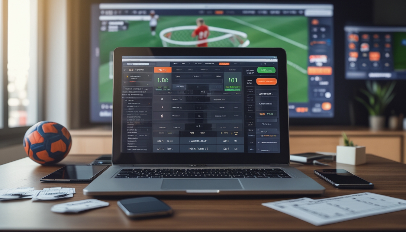 Seorang pria duduk di depan laptop yang menampilkan taruhan sepak bola Liga Champions dengan bola dan ponsel di meja.