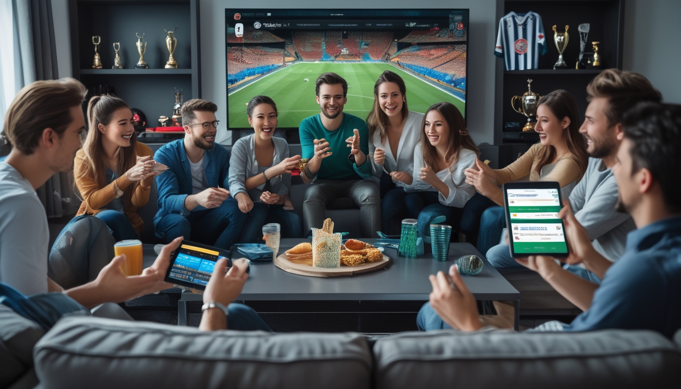 Sekelompok orang muda sedang menonton pertandingan sepak bola Liga Champions di televisi dengan perangkat digital di tangan mereka, tampak bersemangat dan fokus.