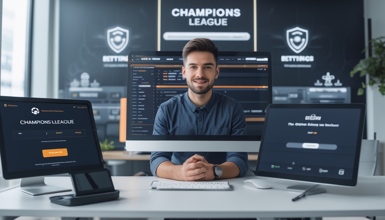 Seorang pria muda duduk di meja modern dengan beberapa perangkat digital menampilkan statistik pertandingan sepak bola dan ikon keamanan data.