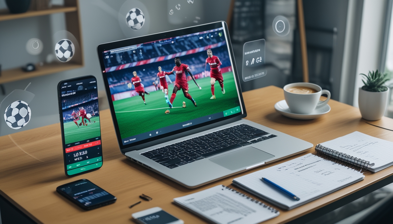 Meja kerja dengan laptop menampilkan pertandingan sepak bola Liga Champions, smartphone dengan peluang taruhan, dan catatan strategi di sampingnya.