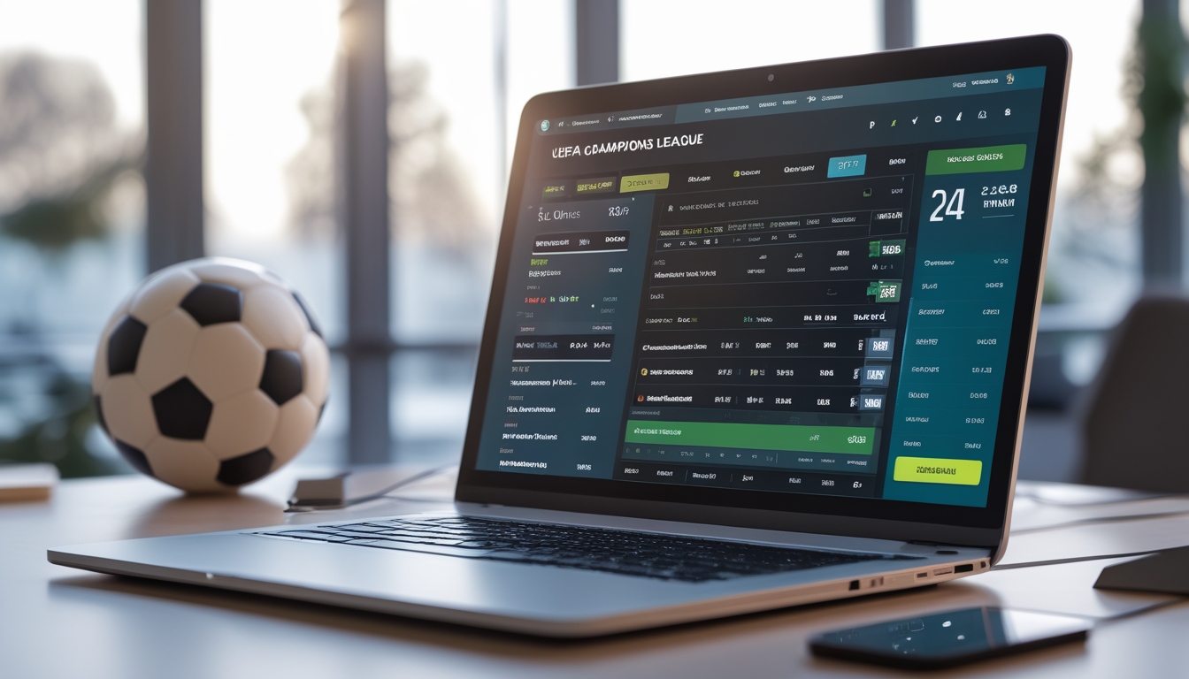 Sebuah ruang kerja digital dengan laptop yang menampilkan antarmuka taruhan olahraga Liga Champions, bola sepak, dan jam digital menunjukkan layanan 24 jam.