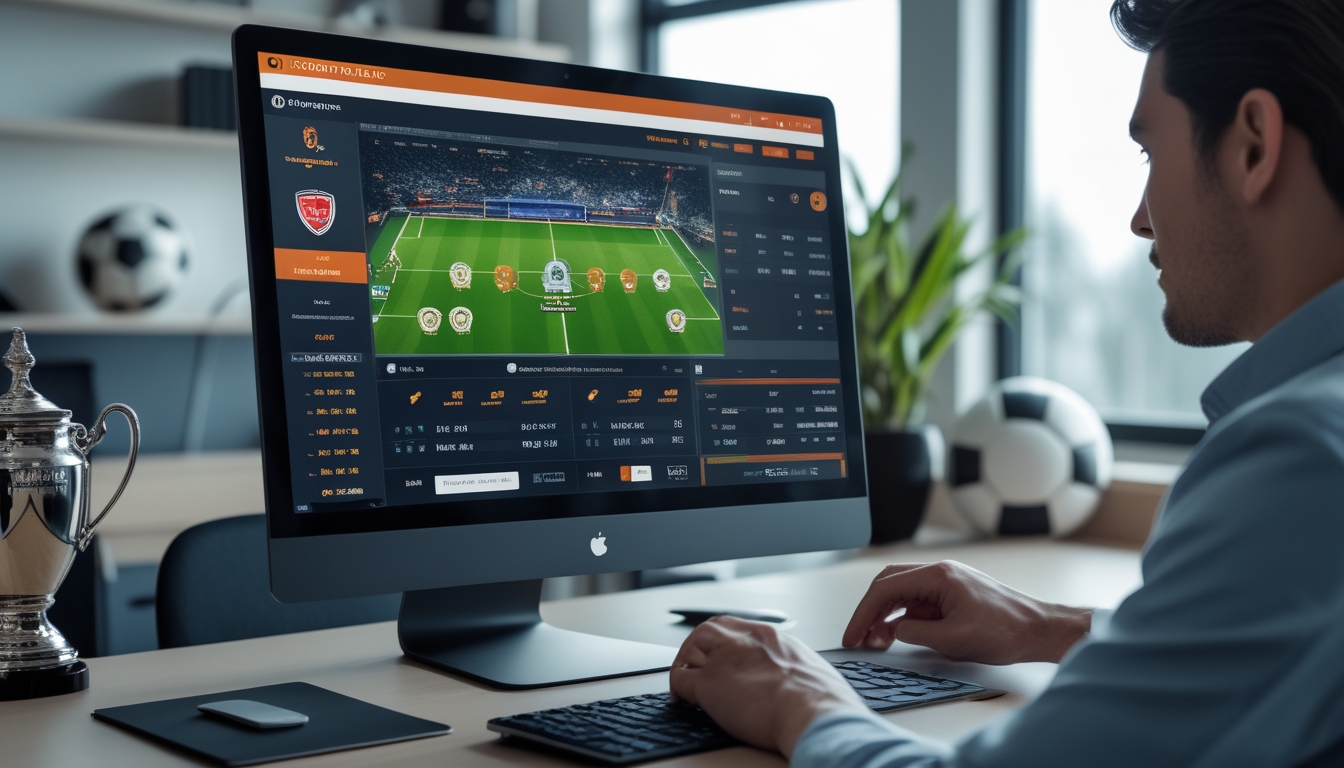 Seorang pria menggunakan laptop dengan tampilan antarmuka taruhan sepak bola Liga Champions di meja kerja modern.