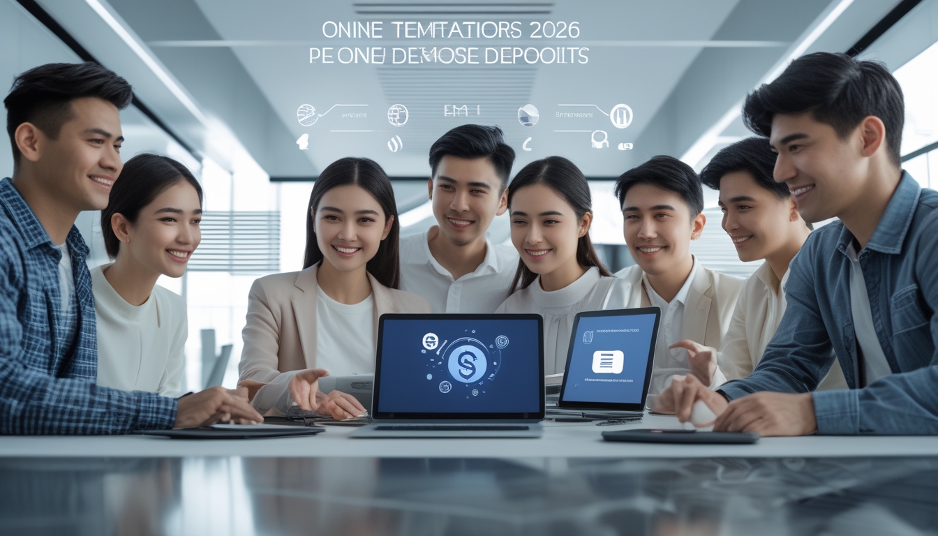 Sekelompok orang muda menggunakan perangkat digital di kantor modern untuk melakukan transaksi deposit online yang aman dan terpercaya.