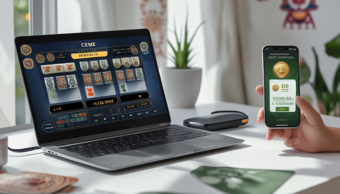 Seseorang menggunakan laptop dan ponsel untuk bermain Ceme online dengan tampilan transaksi deposit kecil di layar.