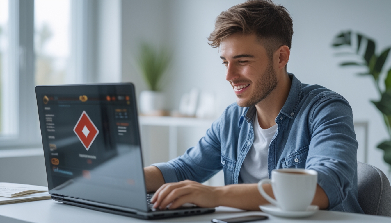 Seorang pria muda duduk di meja dengan laptop, fokus bermain permainan kartu online di ruangan terang.