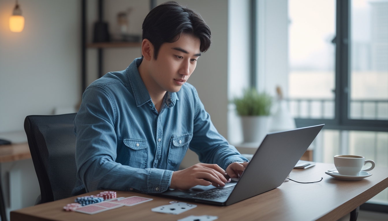 Seorang pria muda duduk di meja dengan laptop, bermain permainan kartu online di ruangan yang terang dan nyaman.