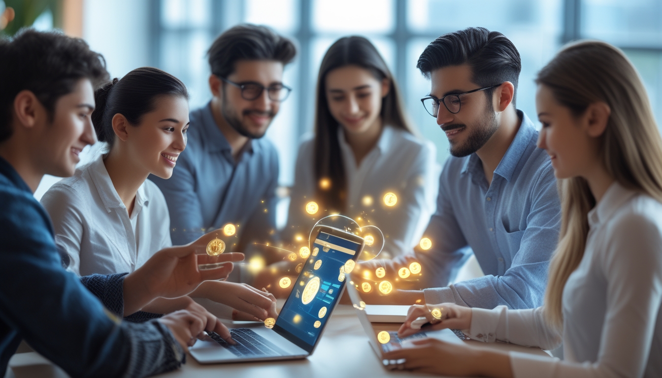 Sekelompok orang muda menggunakan laptop dan ponsel untuk melakukan transaksi online dengan suasana kantor yang terang dan profesional.