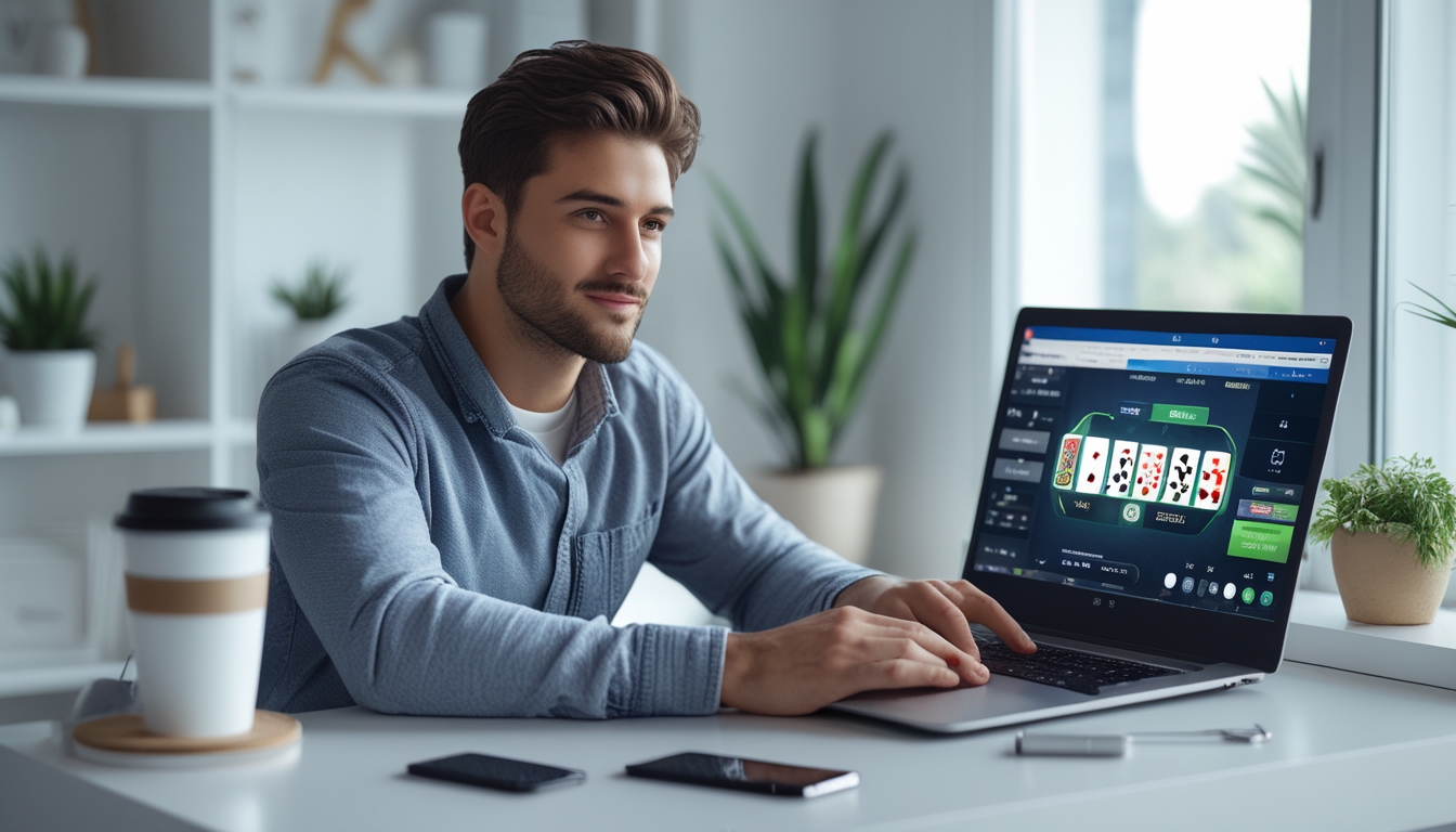 Seorang pria muda duduk di meja dengan laptop yang menampilkan permainan kartu online, di ruangan yang terang dan rapi.