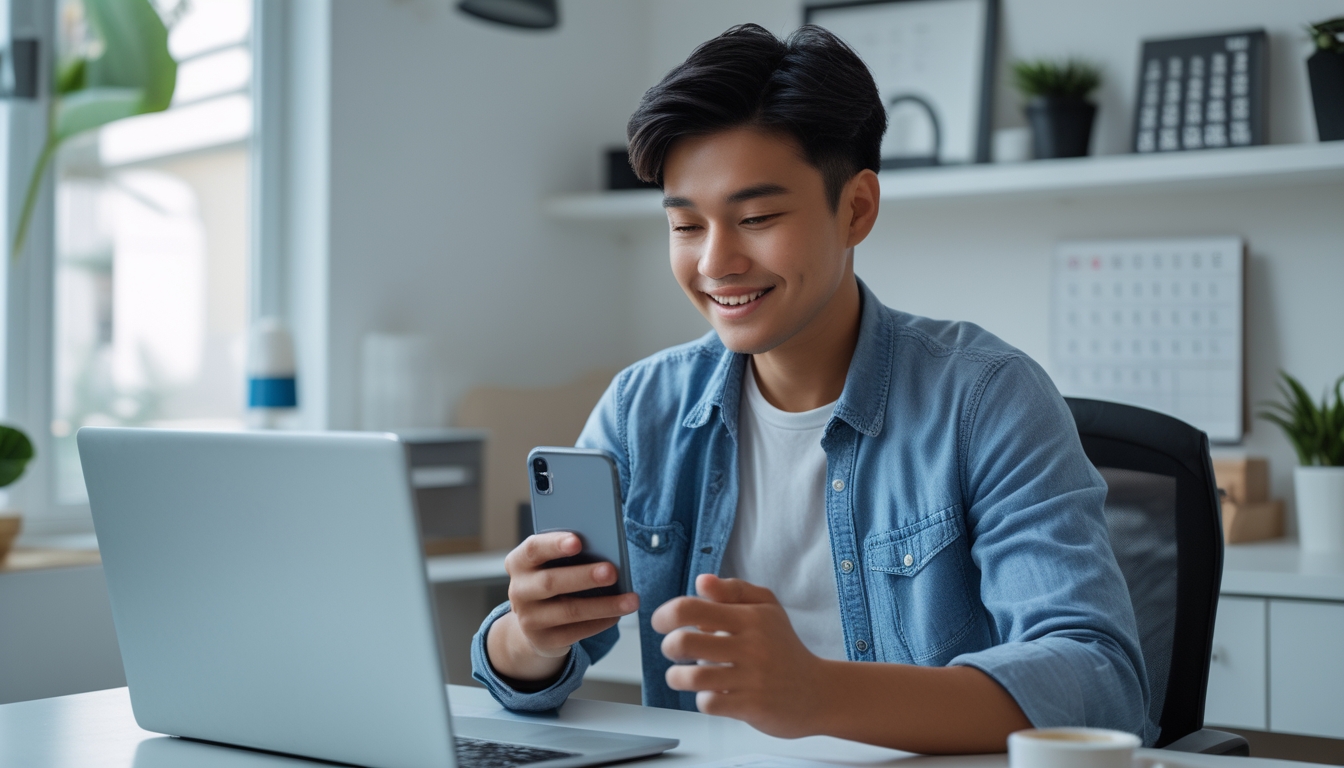 Seseorang menggunakan ponsel di meja kerja modern untuk mendaftar cepat di platform online dengan suasana yang nyaman.