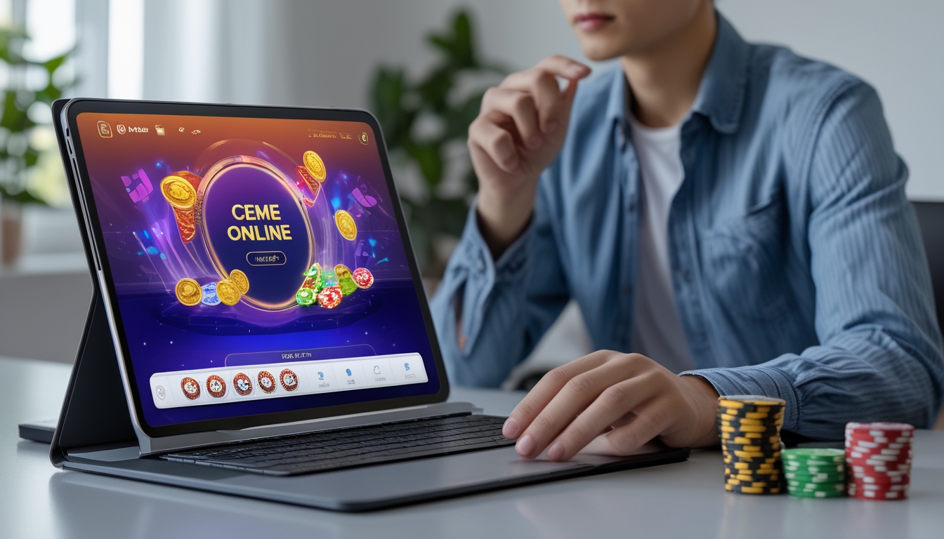 Seseorang sedang bermain permainan kartu online di laptop dengan chip poker di meja dan ponsel di samping.