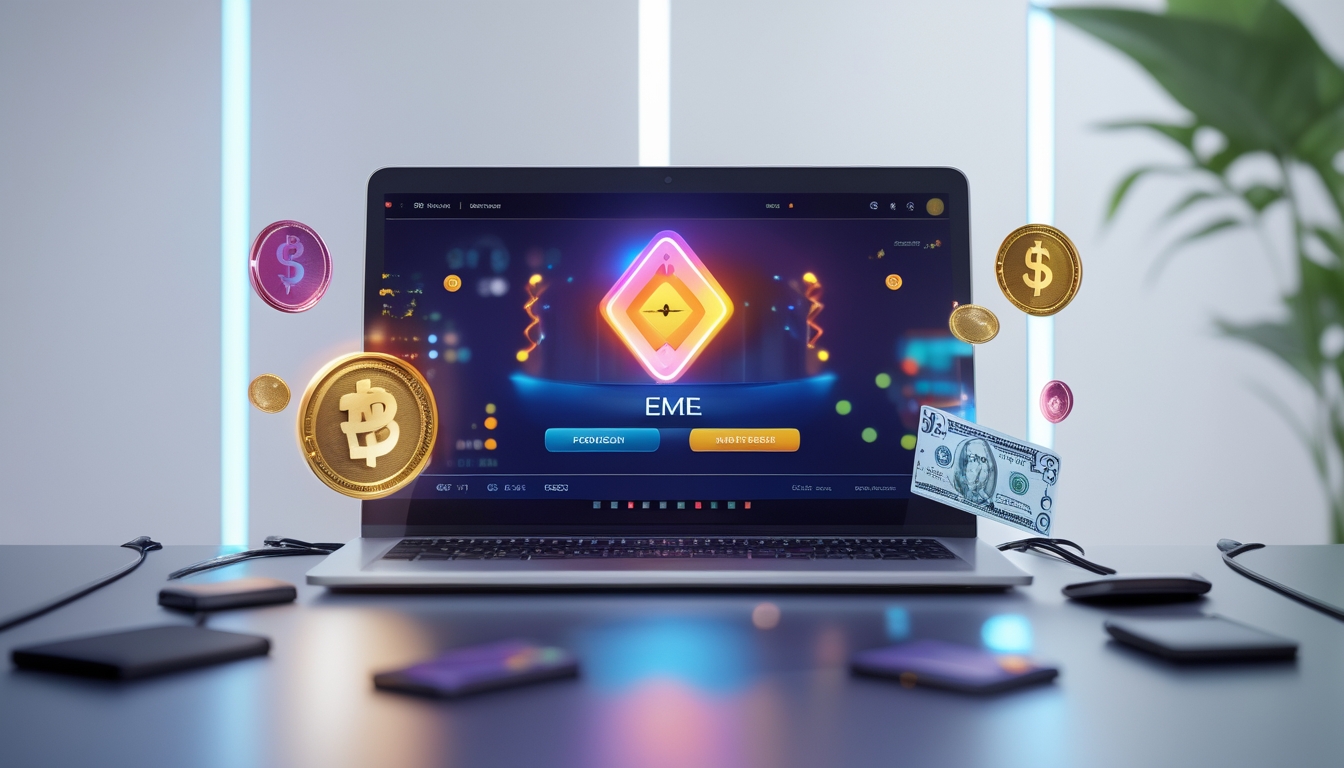Orang menggunakan laptop dengan permainan kartu Ceme online di layar, dikelilingi ikon uang digital dan suasana modern.