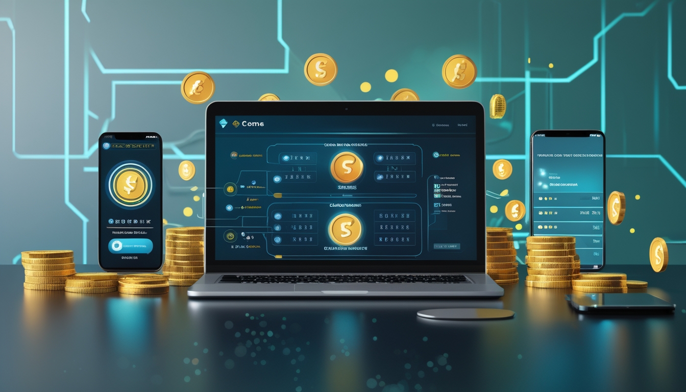 Seorang pria menggunakan laptop dengan tampilan permainan kartu online dan ikon uang digital di sekitarnya.