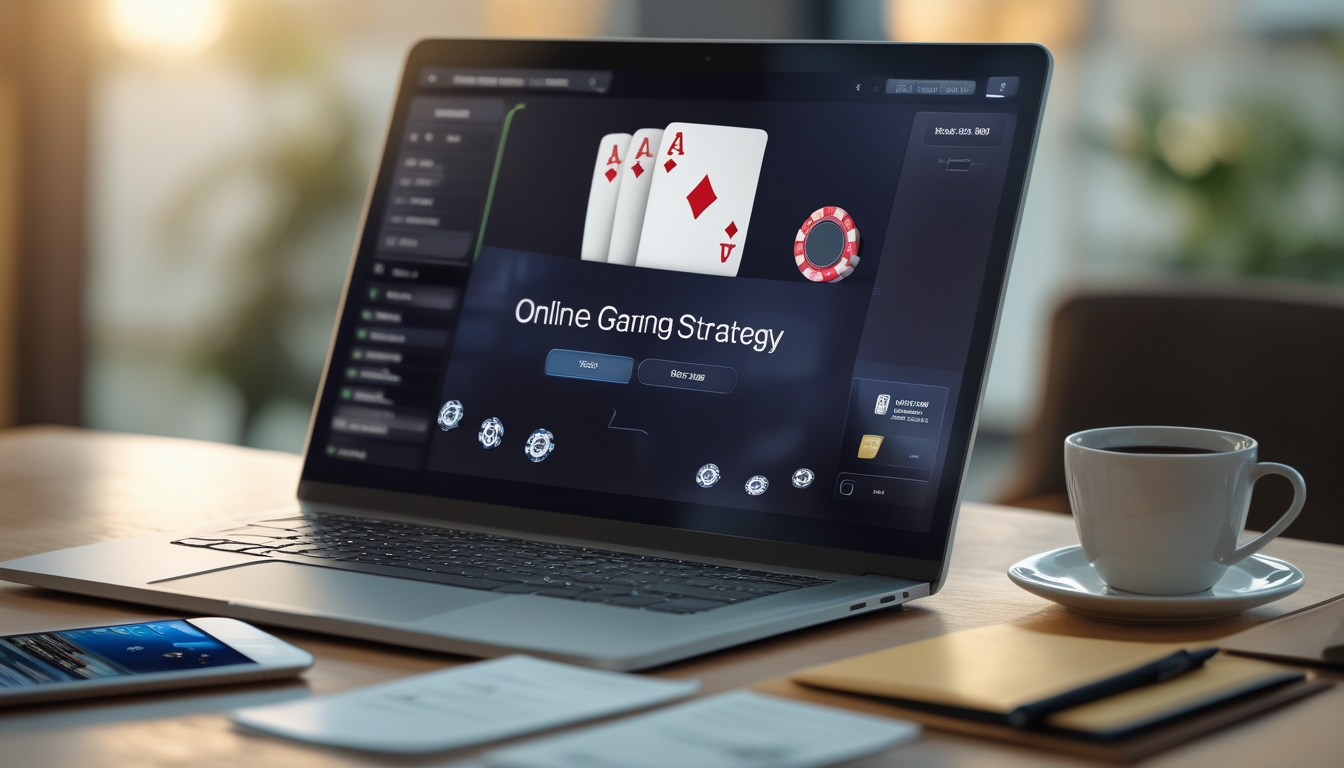 Meja kerja dengan laptop yang menampilkan permainan kartu online, smartphone dengan aplikasi keuangan, dan secangkir kopi.