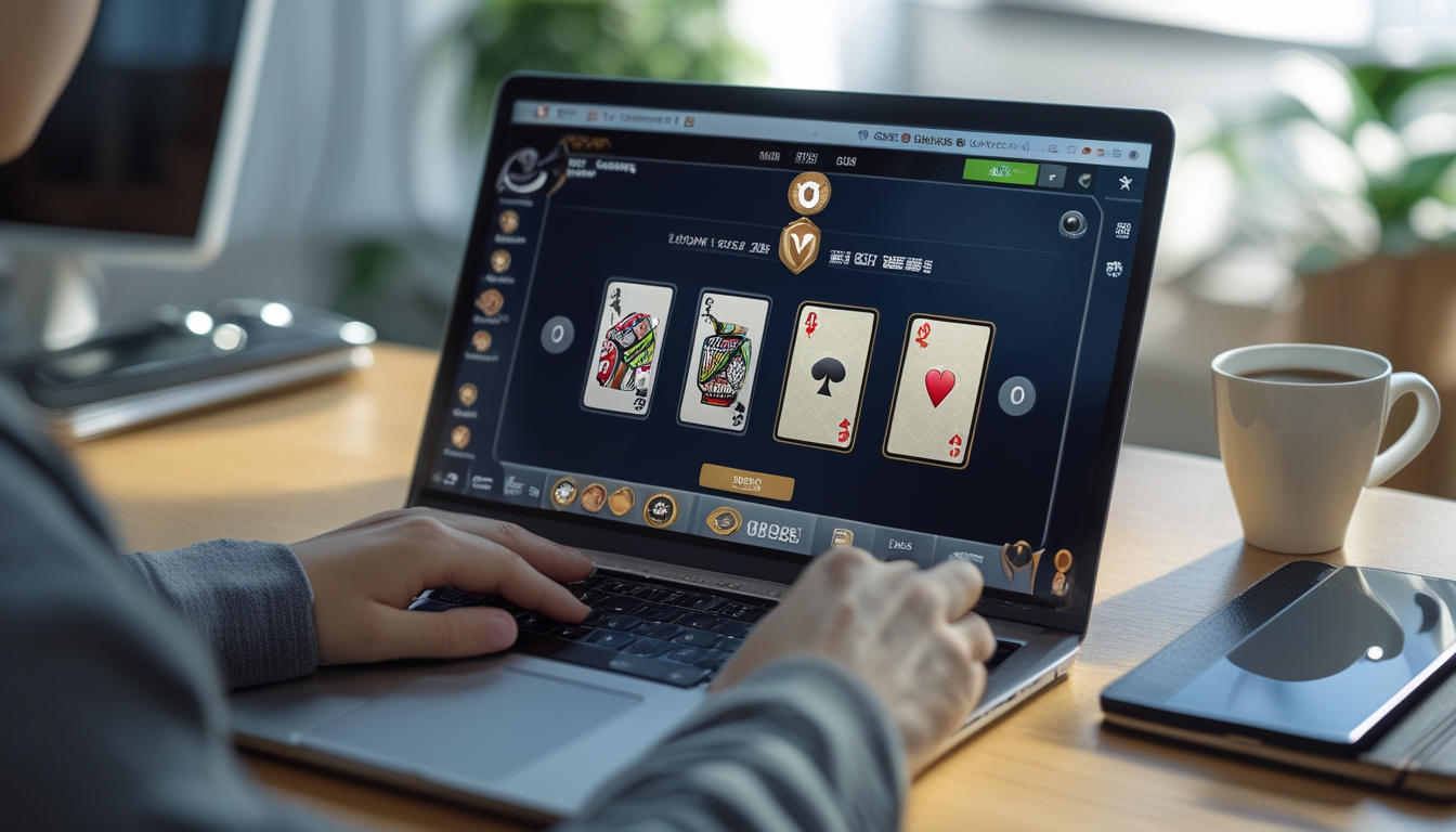 Seseorang bermain permainan kartu Ceme online di laptop di meja kerja yang rapi.