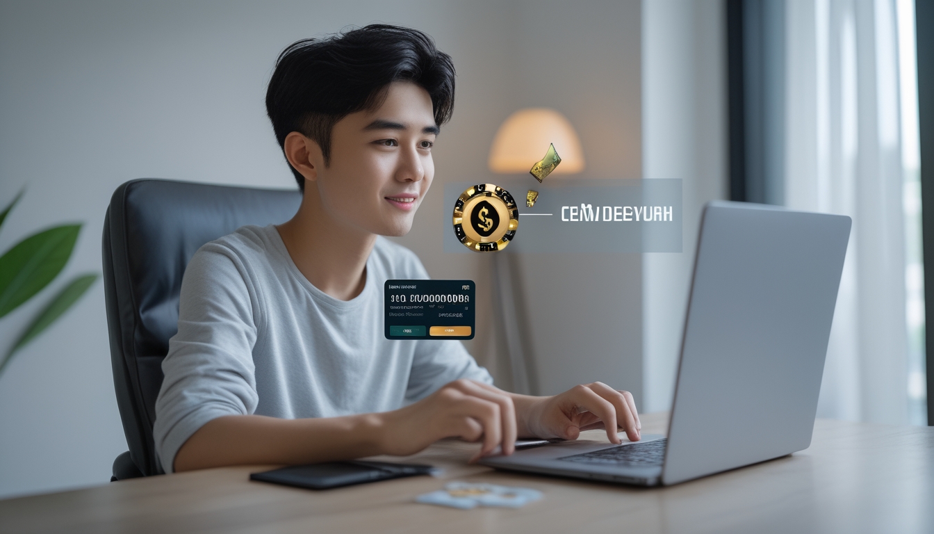 Seseorang sedang menggunakan laptop di ruang kerja modern untuk bermain permainan online dengan suasana yang tenang dan fokus.