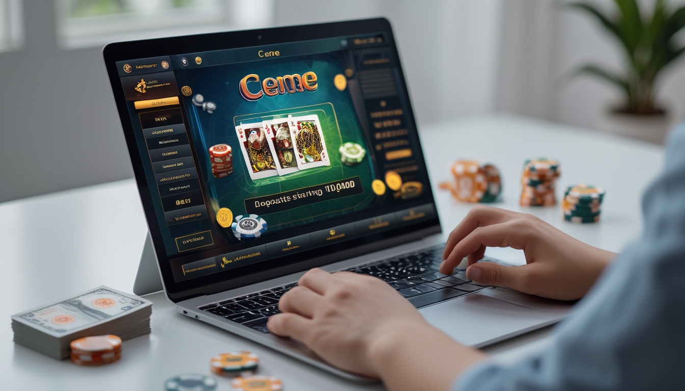 Seseorang menggunakan laptop untuk bermain permainan kartu Ceme online dengan tumpukan uang dan chip di meja.