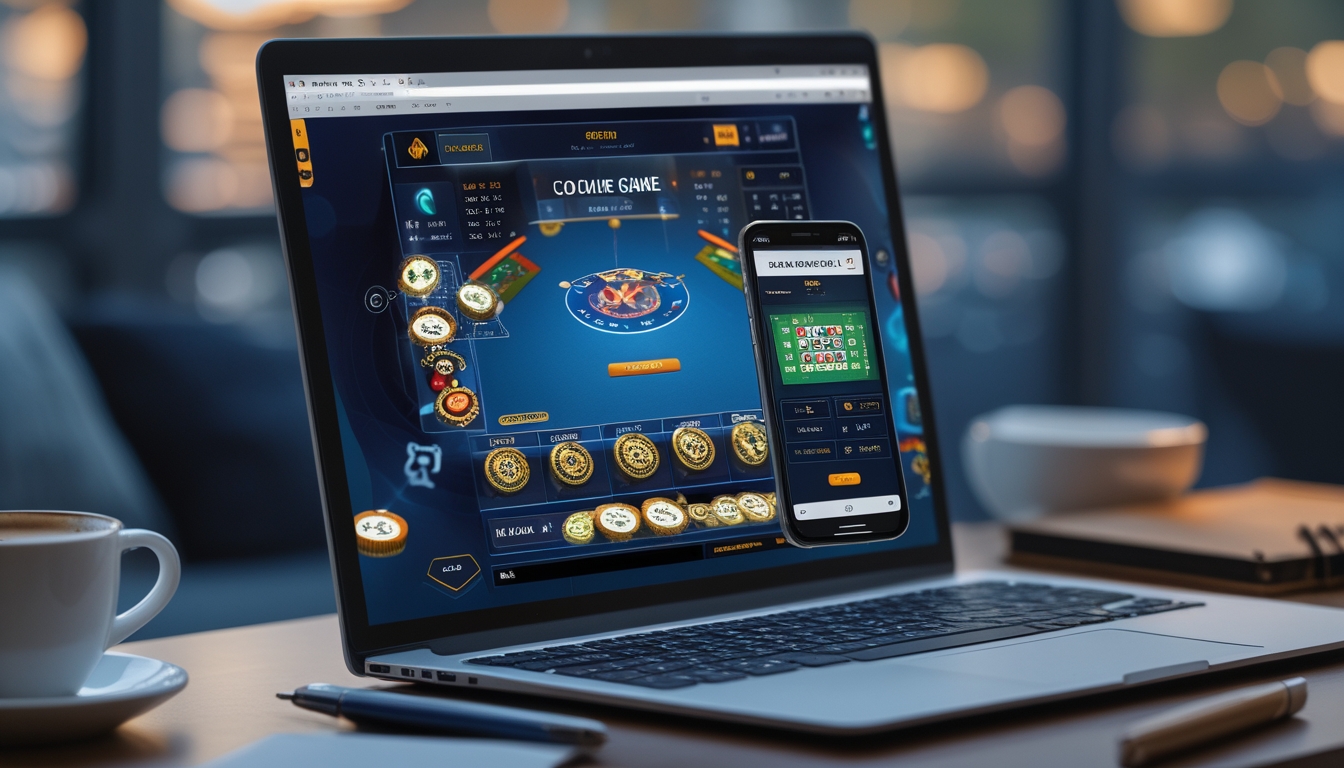 Seorang pengguna duduk di depan laptop dan ponsel yang menampilkan permainan kartu online dengan suasana santai dan fokus.