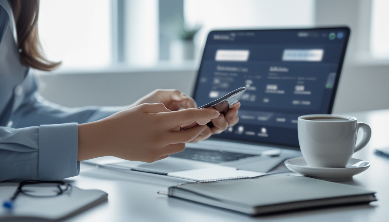 Seseorang menggunakan ponsel dan laptop di meja kerja untuk melakukan transaksi keuangan online.