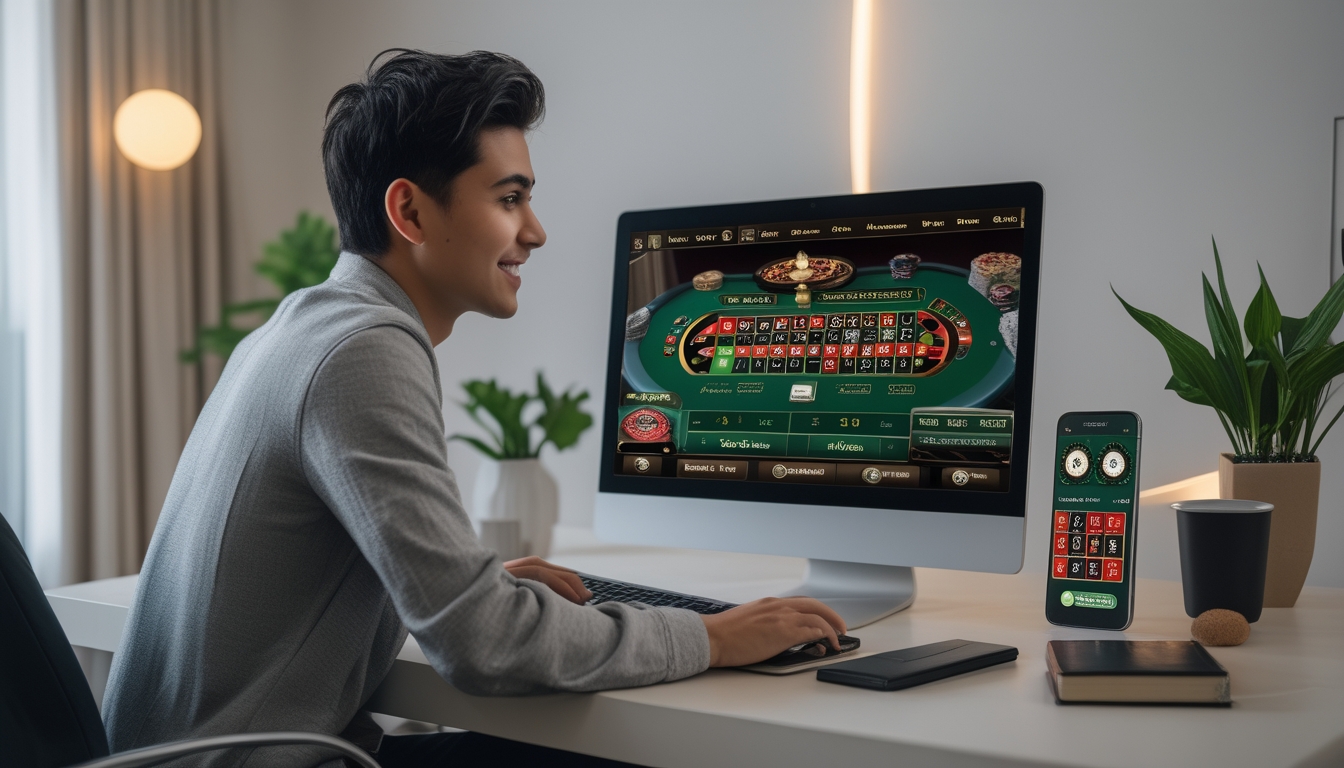 Seorang pemain pemula duduk di meja rumah sambil bermain kasino online di laptop dengan suasana nyaman dan pencahayaan hangat.