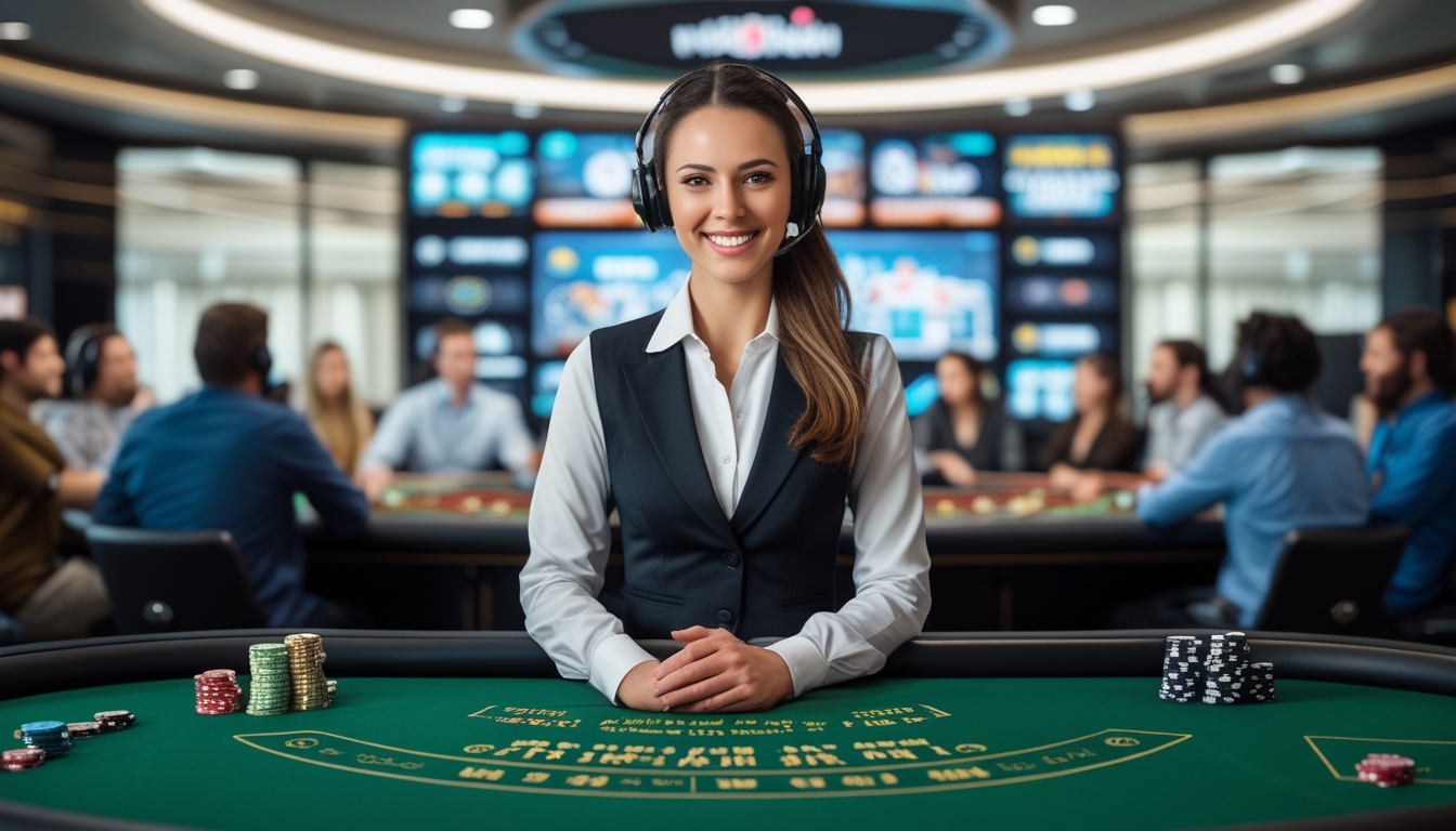 Seorang dealer wanita profesional di meja kasino dengan kartu dan chip, dikelilingi oleh layar digital dan pemain yang fokus.